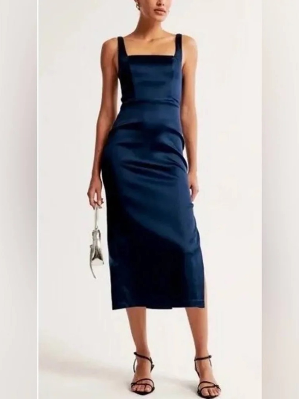 Abercrombie Midi Sculpt Satin Navy Blue Dress Size Large NWT Wedding Guest
